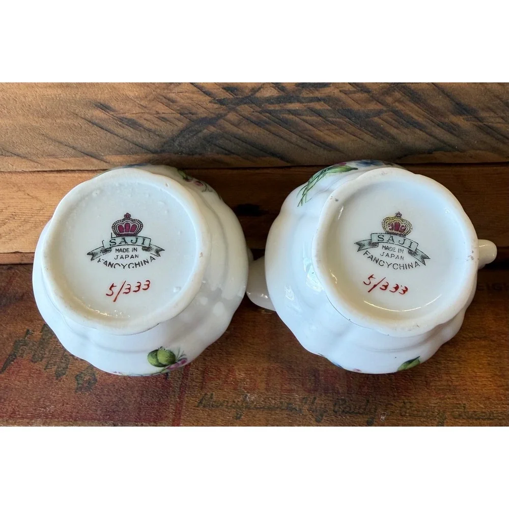 Saji Mini Creamer Sugar Set OS‎ Home White Excellent Blue Floral Gold Gilt